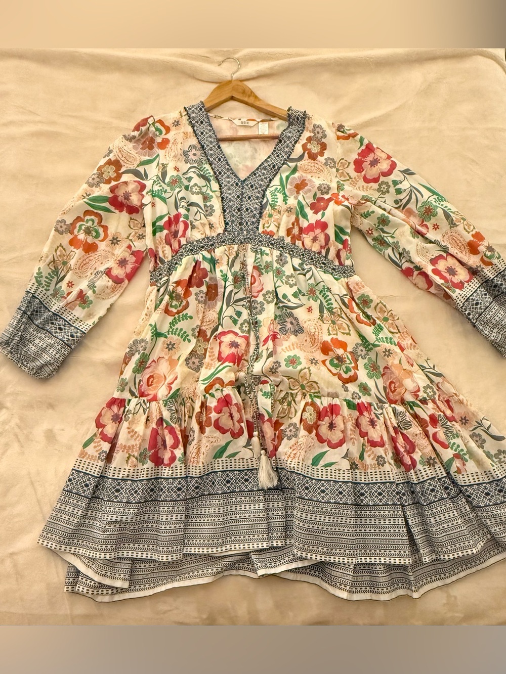 NEW-Kaktus Cream Floral Mini Dress with Blue Trim